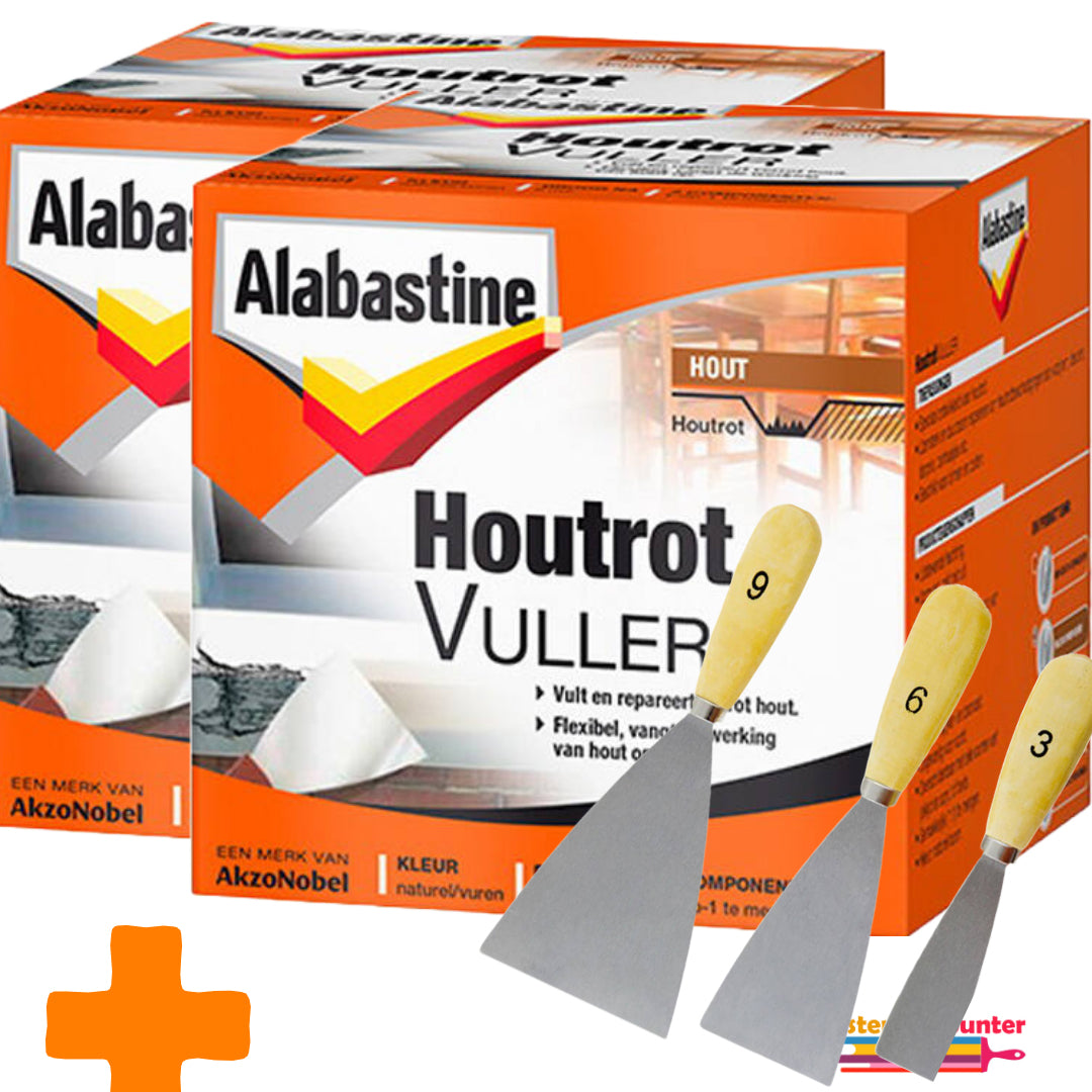 Alabastine 2 stuks Houtrotvuller 500 g - 2 Componenten + Plamuurmes Set 3-Delig (3cm, 6cm, 9 cm)