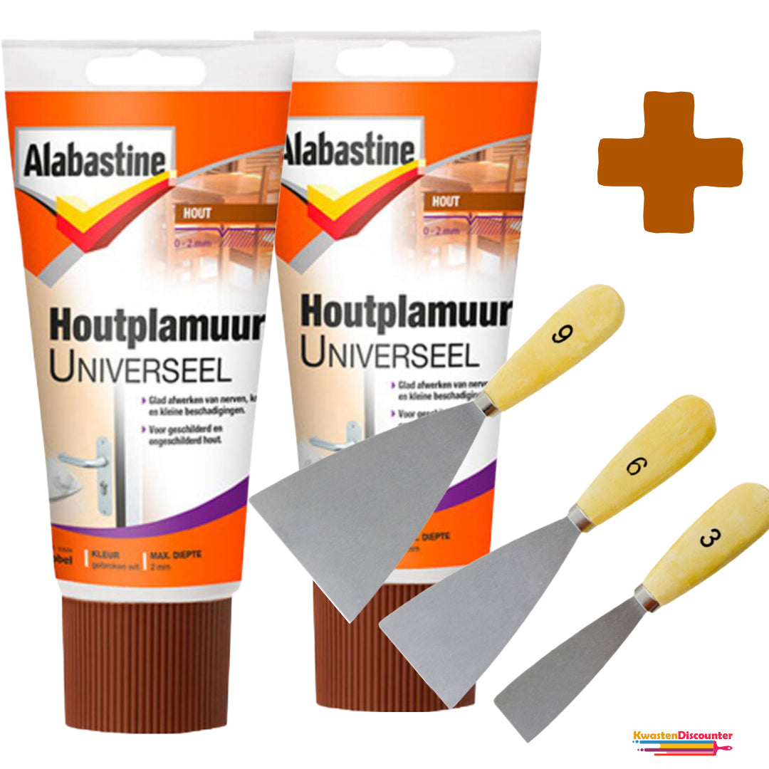 Alabastine Houtplamuur - Houtplamuur - Houtvulmiddel 2 x 250gram + KD Plamuurmes Set 3-Delig (3cm, 6cm, 9 cm)