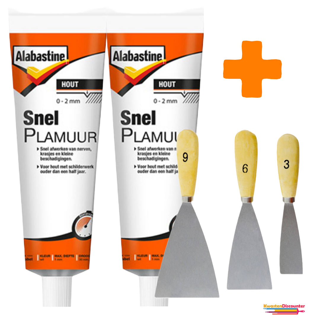 Alabastine SnelPlamuur Hout - 2x225 gram + KD Plamuurmes Set 3-Delig (3cm, 6cm, 9 cm)