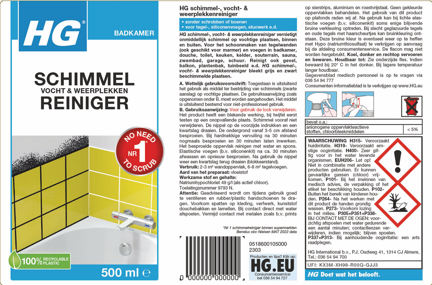 HG Schimmelreiniger Vocht en weerplekkenreiniger - 3 stuks + Gratis KwastenDiscounter Huishoudspons