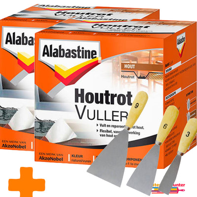 Alabastine 2 stuks houtrotvuller 500 gram 2 componenten met plamuurmes set 3-delig (3 cm, 6 cm, 9 cm) voor professionele houtreparatie