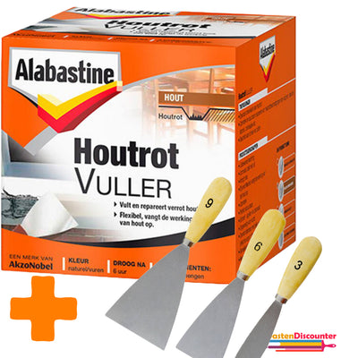 Alabastine 2 stuks houtrotvuller 500 gram met plamuurmes set 3-delig (3 cm, 6 cm, 9 cm) voor duurzame houtreparatie