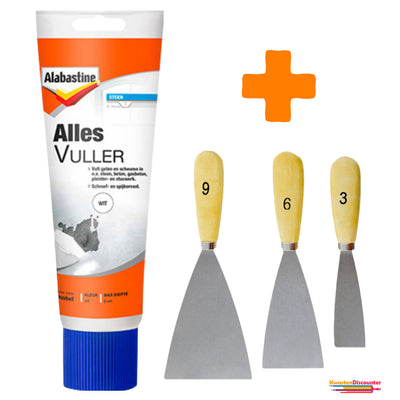 Alabastine Allesvuller Wit vulmiddel 1x330 gram met KD plamuurmes set 3-delig (3 cm, 6 cm, 9 cm) voor het vullen en repareren van diverse oppervlakken