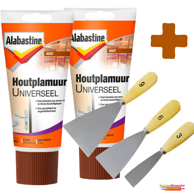 Alabastine Houtplamuur houtvulmiddel 2x250 gram met KD plamuurmes set 3-delig (3 cm, 6 cm, 9 cm) voor professionele houtreparatie