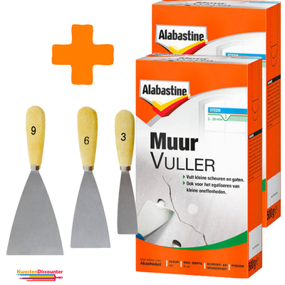 Alabastine Muurvuller 2x500 gram met KD plamuurmes set 3-delig (3 cm, 6 cm, 9 cm) voor stevige en gladde muurafwerking