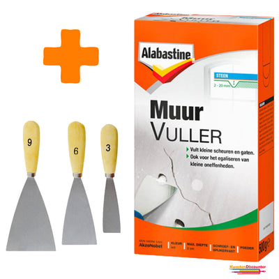 Alabastine Muurvuller 500 gram met KD plamuurmes set 3-delig (3 cm, 6 cm, 9 cm) voor gladde en sterke muurafwerking