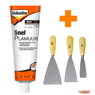 Alabastine SnelPlamuur Hout 225 gram met KD plamuurmes set 3-delig (3 cm, 6 cm, 9 cm) voor snelle en precieze houtreparatie