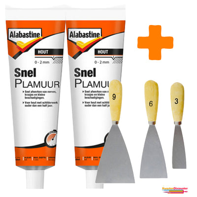 Alabastine SnelPlamuur Hout 2x225 gram met KD plamuurmes set 3-delig (3 cm, 6 cm, 9 cm) voor snelle houtreparatie