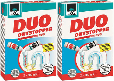 Bison ontstopper duo 2x500ml 2 stuks met gratis KwastenDiscounter spons – krachtige oplossing voor het ontstoppen van afvoeren