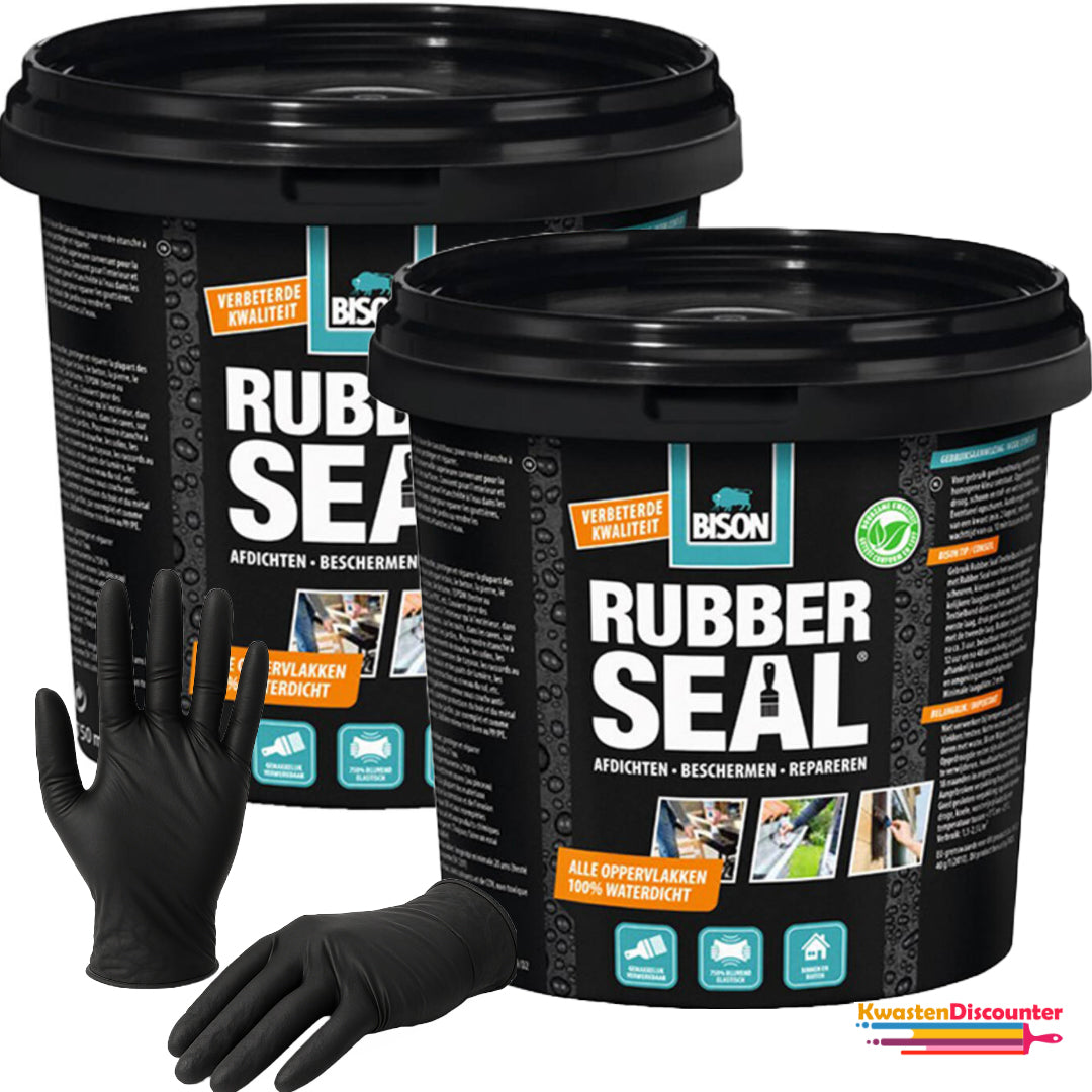 Bison Rubber Seal 2 stuks van 750 ml pot met KwastenDiscounter nitril handschoenen – waterdichte afdichting met beschermende handschoenen
