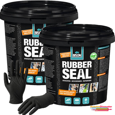 Bison Rubber Seal 2 stuks van 750 ml pot met KwastenDiscounter nitril handschoenen – waterdichte afdichting met beschermende handschoenen