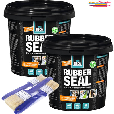 Bison Rubber Seal 2 stuks van 750 ml pot met KwastenDiscounter wegwerpkwasten set 3-delig plat (30 mm, 40 mm, 50 mm) voor waterdichte afdichting en nauwkeurig schilderwerk