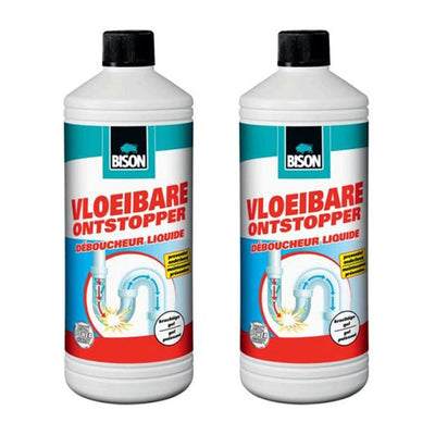 Bison vloeibare ontstopper 1 liter 2 stuks met gratis KwastenDiscounter spons – krachtige oplossing voor het ontstoppen van afvoeren en leidingen