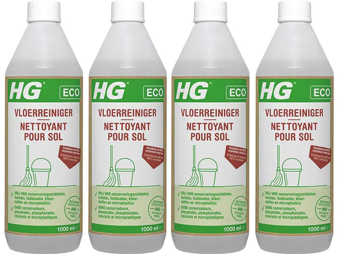 HG eco vloerreiniger 4 stuks met gratis KwastenDiscounter spons – milieuvriendelijke reiniger voor alle soorten vloeren