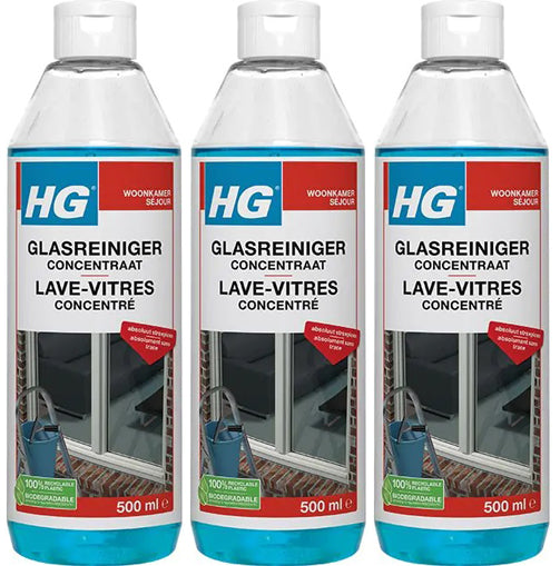HG glasreiniger concentraat 3 stuks met gratis KwastenDiscounter spons – krachtige reiniger voor streeploze ramen en glazen oppervlakken