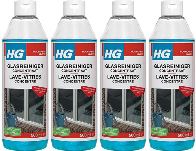 HG glasreiniger concentraat 4 stuks met gratis KwastenDiscounter spons – krachtige reiniger voor streeploze ramen en glazen oppervlakken