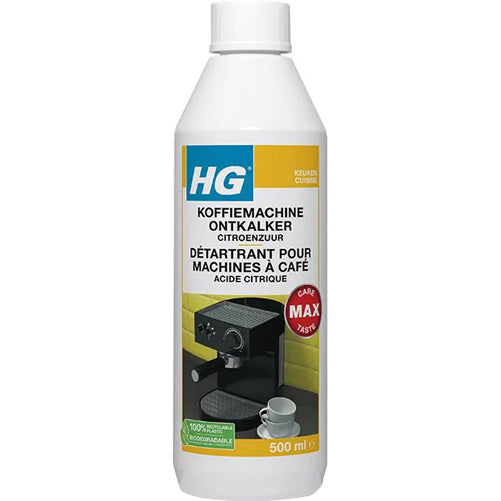 Fles HG koffiemachine ontkalker met citroenzuur en gratis KwastenDiscounter spons – effectief tegen kalkaanslag in koffiemachines