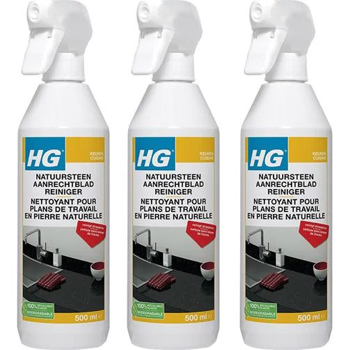 HG natuursteen aanrechtbladreiniger 3 stuks met gratis KwastenDiscounter spons – speciaal voor het reinigen van natuurstenen keukenbladen
