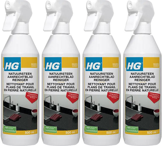 HG natuursteen aanrechtbladreiniger 4 stuks met gratis KwastenDiscounter spons – speciaal voor het reinigen van natuurstenen keukenbladen
