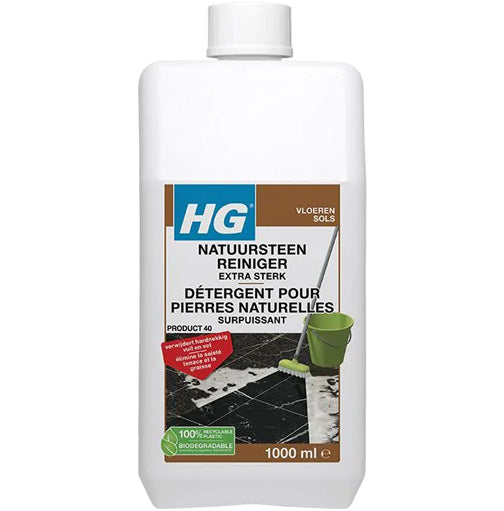 Fles HG natuursteenreiniger streeploos (product 38) met gratis KwastenDiscounter spons – reinigingsmiddel voor natuurstenen oppervlakken