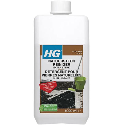Fles HG natuursteenreiniger streeploos (product 38) met gratis KwastenDiscounter spons – reinigingsmiddel voor natuurstenen oppervlakken