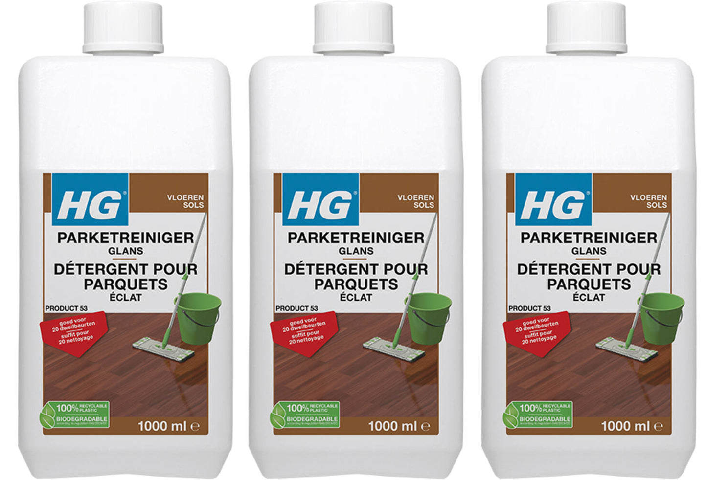 HG Parketreiniger Glans 1 liter, set van 3 stuks – effectieve reiniger voor glanzende parketvloeren met gratis KwastenDiscounter spons