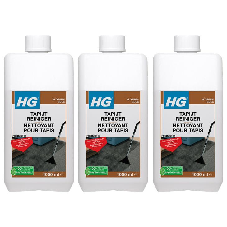 HG tapijtreiniger 3 stuks (1000 ml) met gratis KwastenDiscounter spons – krachtige reiniger voor tapijten en vloerbedekking