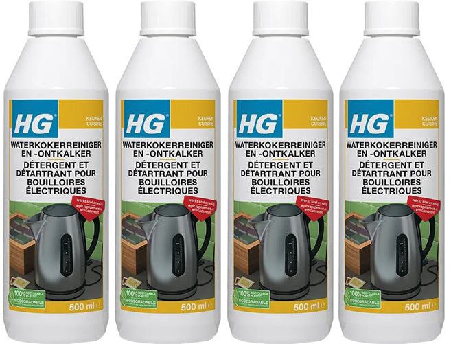 HG waterkokerreiniger en -ontkalker 4 stuks met gratis KwastenDiscounter spons – verwijdert kalkaanslag snel en veilig uit waterkokers