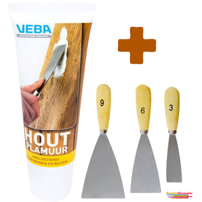 Houtplamuur houtvuller 1x400 gram met KD plamuurmes set 3-delig (3 cm, 6 cm, 9 cm) voor duurzame houtreparatie