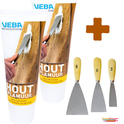 Houtplamuur houtvuller 2x400 gram met KD plamuurmes set 3-delig (3 cm, 6 cm, 9 cm) voor duurzame houtreparatie