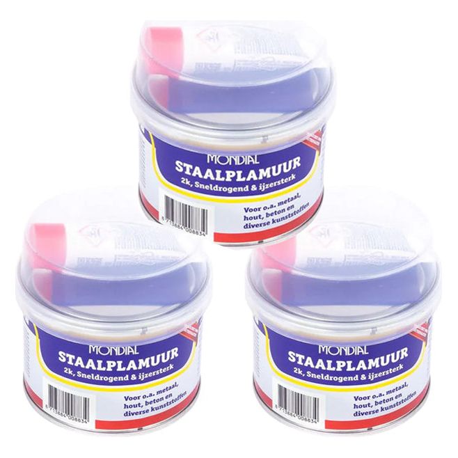 MONDIAL Staalplamuur 240GR met 10GR verharder 3 stuks – sterke staalvuller voor metalen oppervlakken, verkrijgbaar bij KwastenDiscounter
