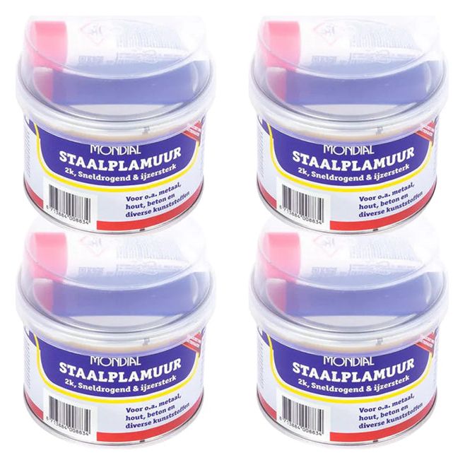 MONDIAL Staalplamuur 240GR met 10GR verharder 4 stuks – sterke staalvuller voor metalen oppervlakken, verkrijgbaar bij KwastenDiscounter