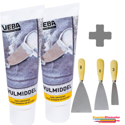 Muurvulmiddel 2x400 gram – vulmiddel en muurvuller met KD plamuurmes set 3-delig (3 cm, 6 cm, 9 cm) voor gladde muurafwerking