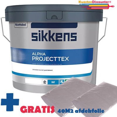 Sikkens Muurverf Alpha Projecttex 10 liter RAL 9010 met gratis 40 m² afdekfolie (2x 4x5 meter)