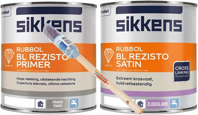 Sikkens Rubol BL Rezisto primer wit 1 liter en Rubbol BL Rezisto satin RAL9001 1 liter met gratis KwastenDiscounter professionele verfkwast voor binnengebruik