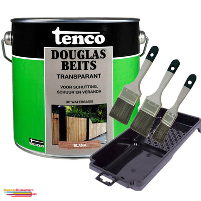 Tenco Douglas Houtbeits Transparant Blankset 2,5 liter met gratis KwastenDiscounter beitsset 3-delig (30/40/60 mm) en verfbak 15x29 cm