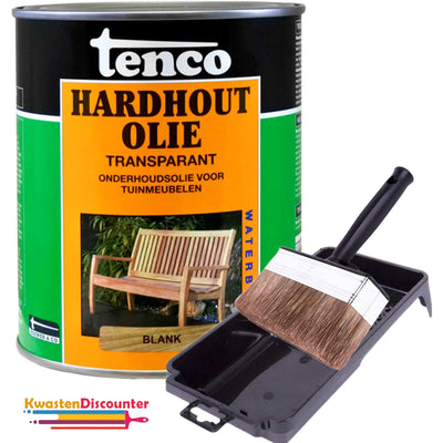 Tenco Hardhout Olie Transparant 1 liter met gratis KwastenDiscounter beits blokkwast en verfbak 15x29 cm