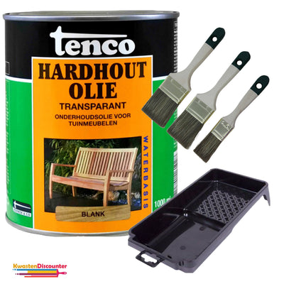 Tenco Hardhout Olie Transparant 1 liter met gratis KwastenDiscounter beitsset 3-delig (30/40/60 mm) en verfbak 15x29 cm