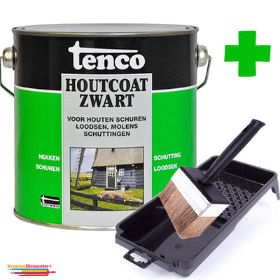 Tenco Houtcoat Zwart 1 liter met gratis KwastenDiscounter beits blokkwast en verfbak 15x29 cm