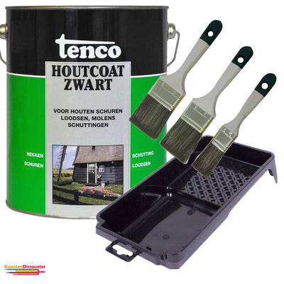 Tenco Houtcoat Zwart 1 liter met gratis KwastenDiscounter beitskwasten 3-delig (30/50/60 mm) en verfbak 15x29 cm