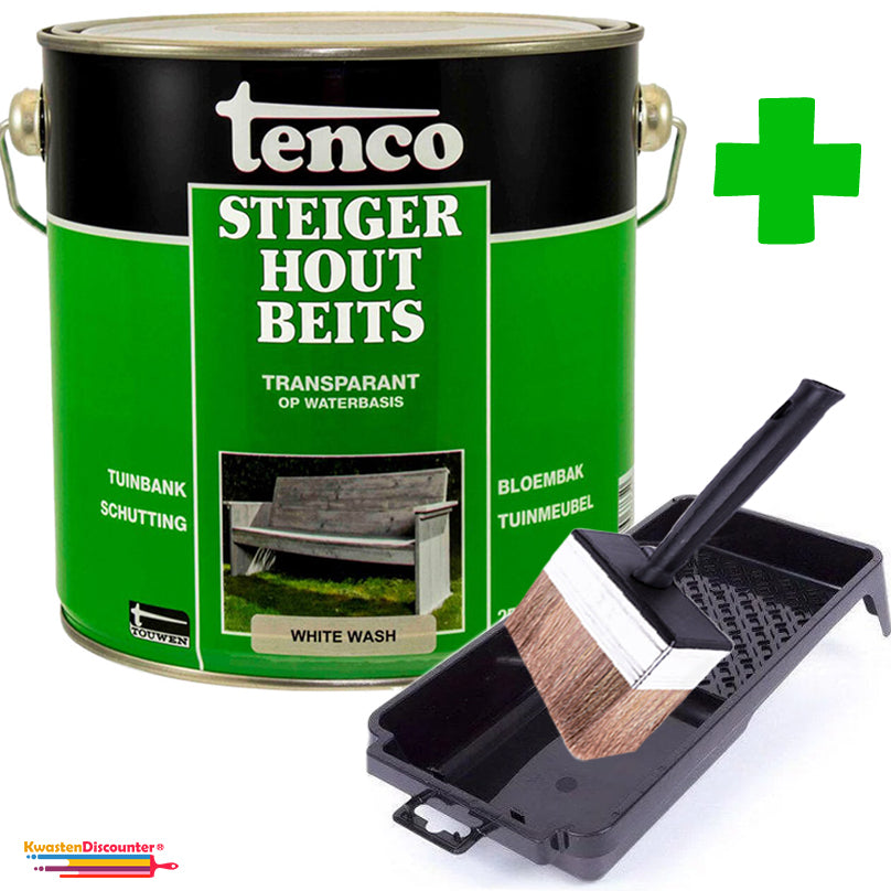 Tenco Steigerhoutbeits White Wash 2,5 liter met beitskwast 12x3 cm en beitsbakje voor optimale houtbeits applicatie