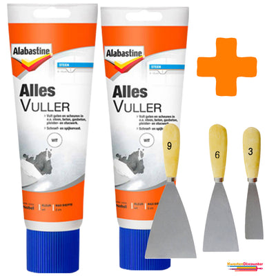 Alabastine Allesvuller Wit - Alles Vuller - Vulmiddel - 2x400 gram + KD Plamuurmes Set 3-Delig (3cm, 6cm, 9 cm)