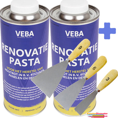 Mondial 2 stuks Renovatiepasta 1,5 kg + KwastenDiscounter Plamuurmes Set 3-Delig (3cm, 6cm, 9 cm)