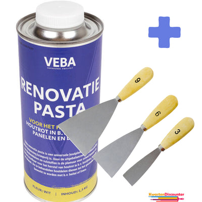 Mondial Renovatiepasta 1,5 kg + KwastenDiscounter Plamuurmes Set 3-Delig (3cm, 6cm, 9 cm)