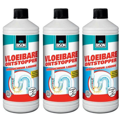 Bison vloeibare ontstopper 1 liter 3 stuks met gratis KwastenDiscounter spons – krachtige oplossing voor het ontstoppen van afvoeren en leidingen
