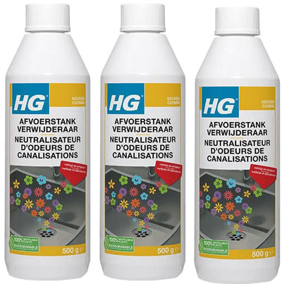 HG afvoerstankverwijderaar 3 stuks met gratis KwastenDiscounter handschoenen – verwijdert effectief nare geurtjes uit afvoeren
