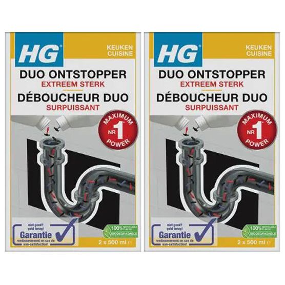 HG Duo Ontstopper 2 stuks met gratis KwastenDiscounter handschoenen – krachtig voor het ontstoppen van leidingen
