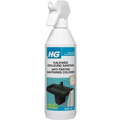 Fles HG Kalkweg gekleurd sanitair met gratis KwastenDiscounter spons – speciaal voor het reinigen van gekleurd sanitair zonder schade
