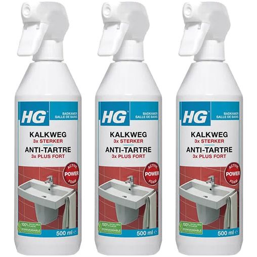 HG kalkweg schuimspray 3x sterker 3 stuks met gratis KwastenDiscounter spons – krachtige schuimspray voor het verwijderen van kalkaanslag
