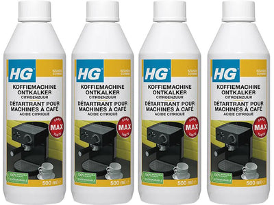HG koffiemachine ontkalker met citroenzuur 4 stuks met gratis KwastenDiscounter spons – effectief tegen kalkaanslag in koffiemachines
